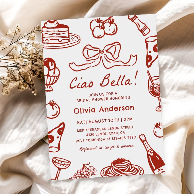 Ciao Bella Hand Drawn Italian Pizza Bridal Shower Invitation (Creator Uploaded)