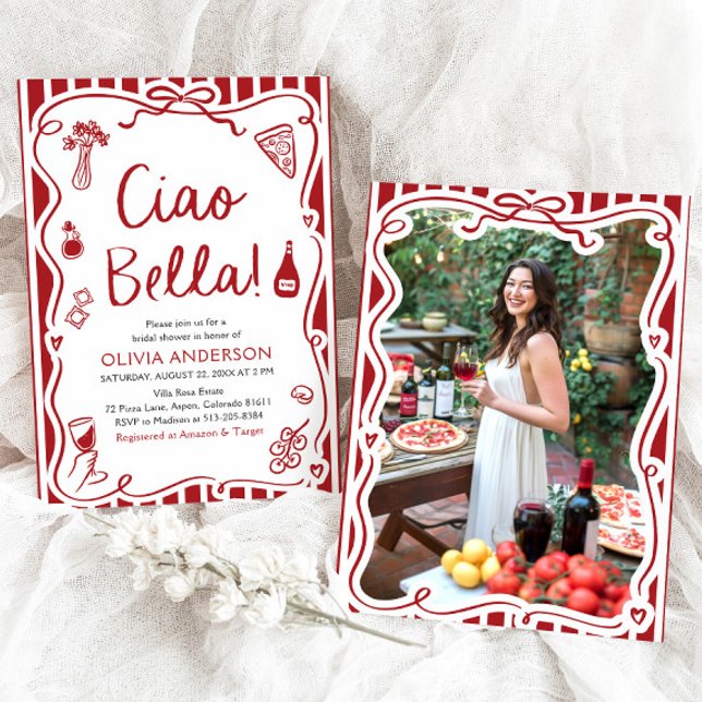 Ciao Bella Hand Drawn Italian Pizza Bridal Shower Invitation (Watercolor Ciao Bella Hand Drawn Italian Pizza Pasta Wine Bridal Shower Invitation)