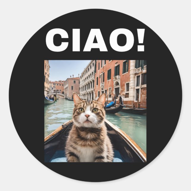Ciao Funny Gondolier Cat On A Venetian Gondola  Classic Round Sticker (Front)
