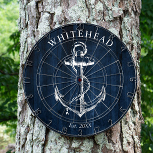 Cible De Fléchettes Ancre de monogramme nautique en bois bleu marine