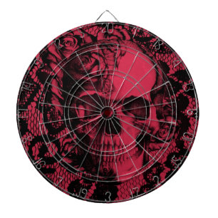 Cible De Fléchettes Crâne gothique de dentelle dans rouge-foncé.