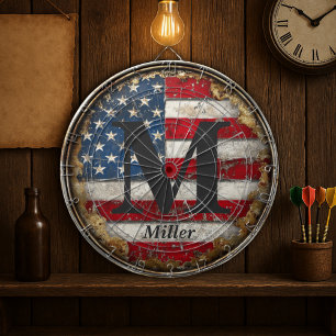 Cible De Fléchettes Drapeau Rustique Distressed USA 4 juillet Monogram