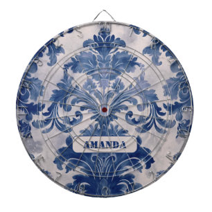 Cible De Fléchettes Élégant damassé Bleu toile de jouy monogramme
