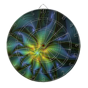 Cible De Fléchettes Etoile Abstraite, Bleu brillant Vert Or Fractal Ar