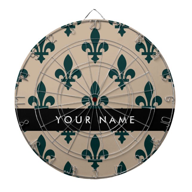 Cible De Fléchettes Fleur de Lis, Green on Beige, Royal, Your Name (Devant)