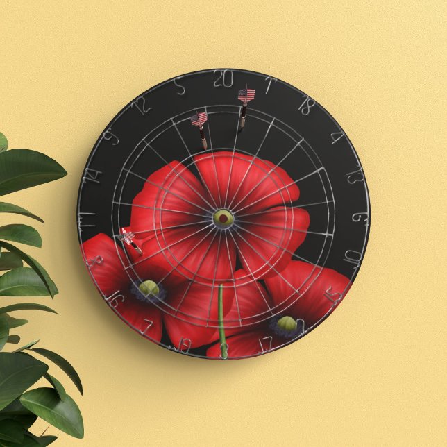 Cible De Fléchettes Fleurs de coquelicot noir et rouge avec fléchettes (Pop a dart or three into this red and black poppy dartboard)