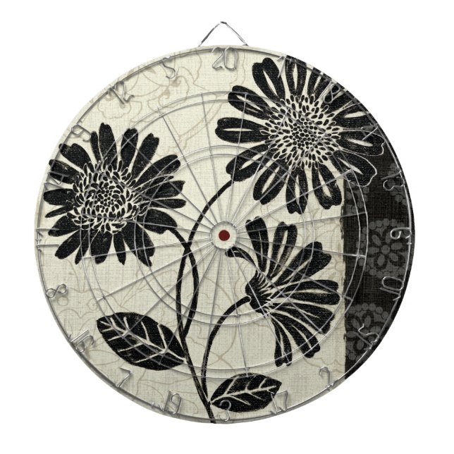 Cible De Fléchettes Floral contemporain en noir et blanc (Devant)