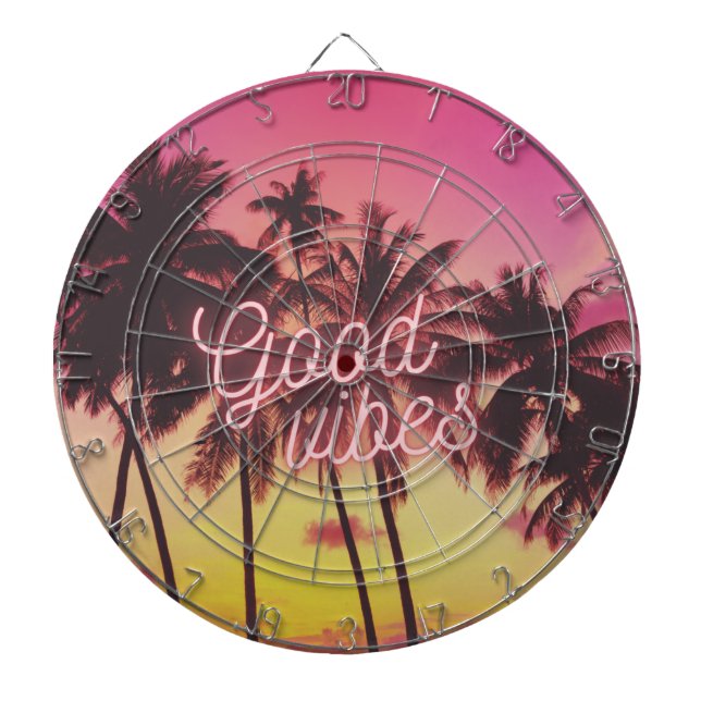 Cible De Fléchettes Good Vibes Tropical Pink Sunset Palm Tree Beach (Devant)