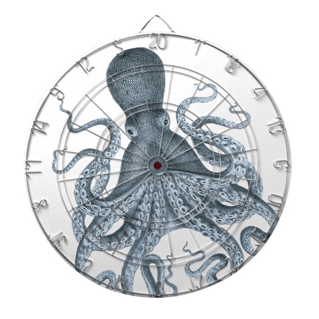 Cible De Fléchettes Illustration du poulpe Vintage gris bleu (Devant)