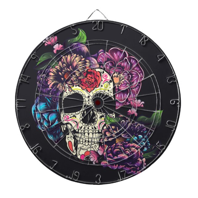 Cible De Fléchettes Jour du crâne mort avec des fleurs (Devant)