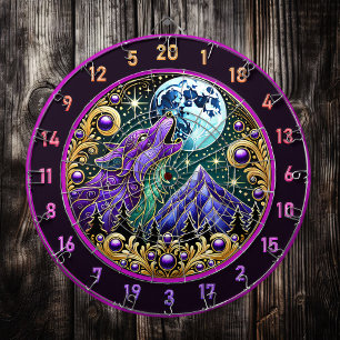 Cible De Fléchettes Loup hurlant sous la lune d'or
