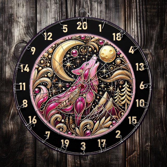 Cible De Fléchettes Loup Rose hurle sous la lune d'or (Créateur téléchargé)