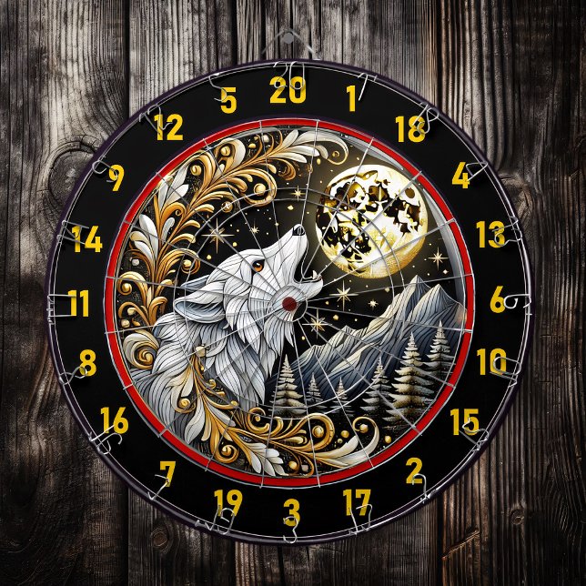 Cible De Fléchettes Lune d'or illumine le loup blanc solitaire (Créateur téléchargé)