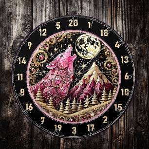 Cible De Fléchettes Lune dorée embrassant l'élégance du loup rose