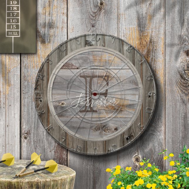 Cible De Fléchettes Monogramme de ton en bois gris rustique (Créateur téléchargé)