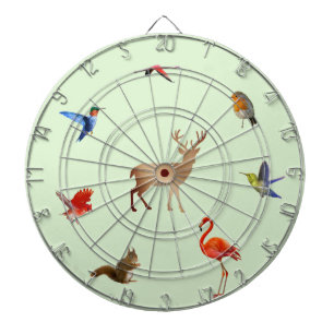 Cible De Fléchettes Oiseaux colorés, cerf et écureuil sur fond vert cl