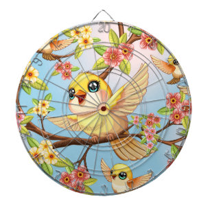 Cible De Fléchettes Oiseaux mignons et heureux parmi les fleurs du pri