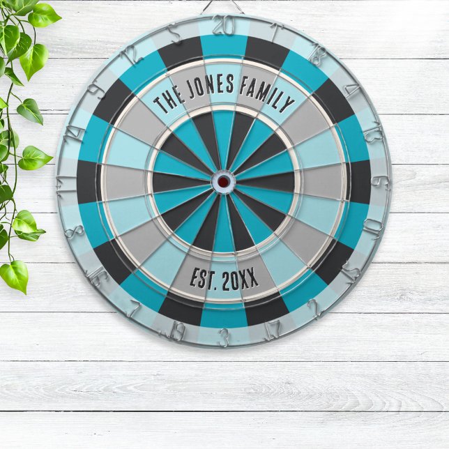 Cible De Fléchettes Personalized Family Name and Year Modern Blue (A stylish dartboard with cool dark blue and teal design, with custom name and "established" date)