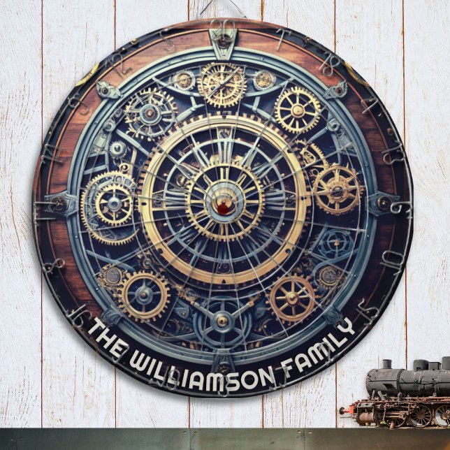 Cible De Fléchettes Personalized Steampunk Aesthetic Gears Family Name (A personalized Steampunk dart board, with design of cogs and gears with a retro industrial effect)