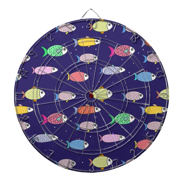 Cible De Fléchettes Poisson multicolore sur fond bleu marine (Devant)