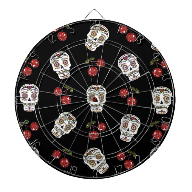 Cible De Fléchettes RAB Rockabilly Sugar Skulls Cherries On Black (Devant)