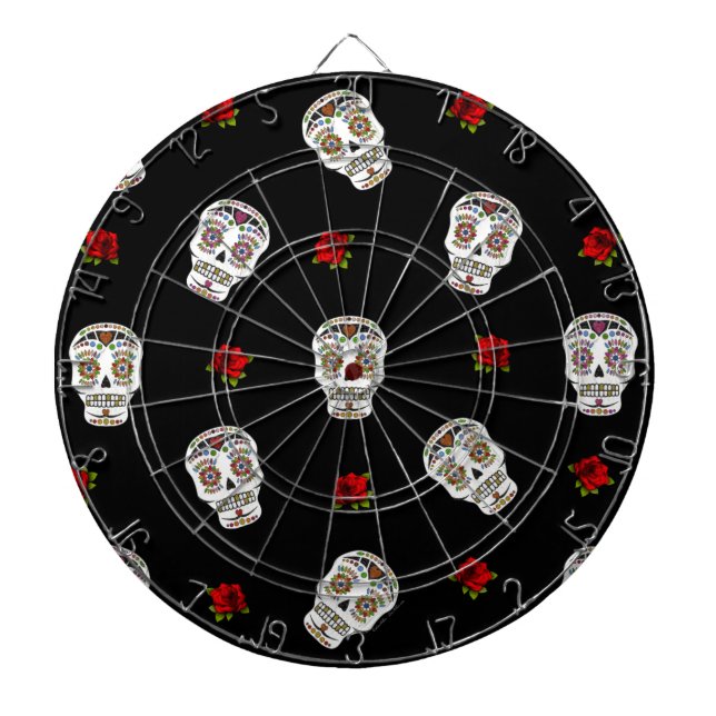 Cible De Fléchettes RAB Rockabilly Sugar Skulls Roses On Black (Devant)