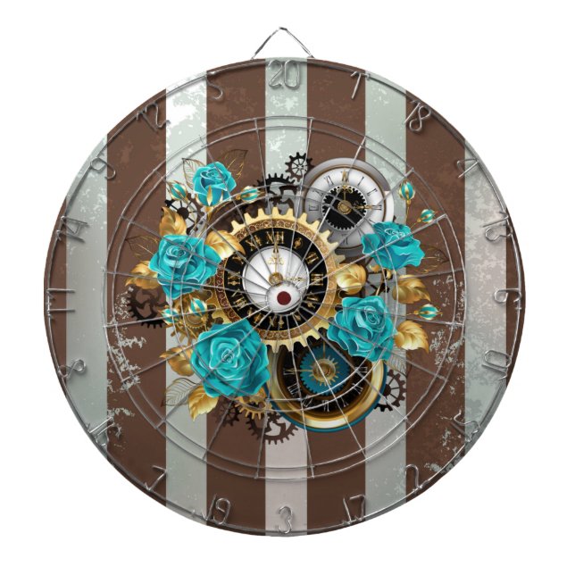 Cible De Fléchettes Steampunk Clock and Turquoise Roses on Striped (Devant)