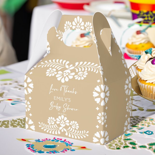 Cielito lindo beige baby shower favours favor box (Cielito lindo beige Mexican fiesta papel picado baby shower favors personalized  favor boxes)