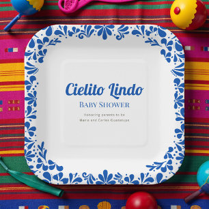 Cielito Lindo Blue Talavera Floral Baby Shower Paper Plate