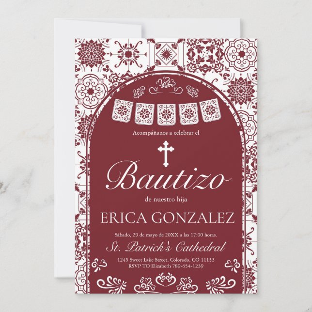 Cielito Lindo Burgundy Bautizo Talavera Invitation (Front)