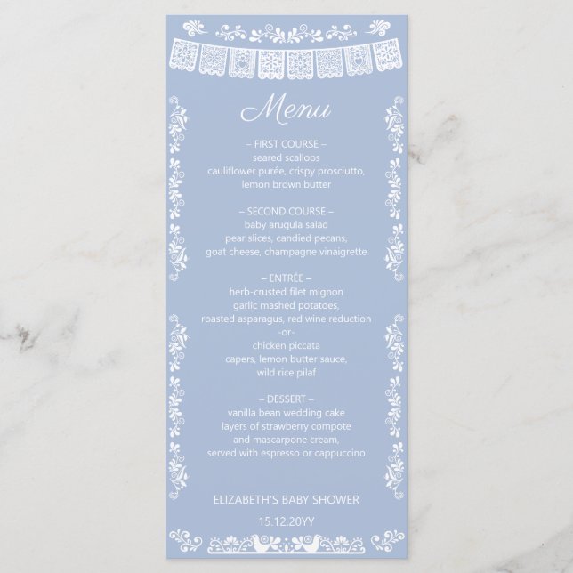 Cielito Lindo Dusty Blue Papel Picado Baby Shower Menu (Front)