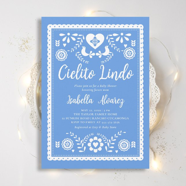 Cielito Lindo Mexican Picado Heart Baby Shower Invitation (cielito lindo baby shower invitation mexican papel picado heart blue rancho fiesta elegant classy)