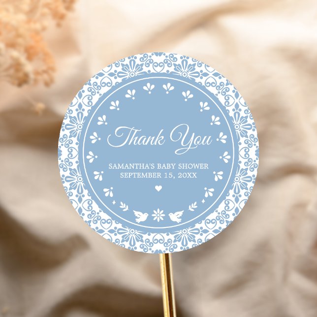 Cielito Lindo Papel Picado Baby Shower Classic Round Sticker (Blue Cielito Lindo Papel Picado Baby Shower Sticker)