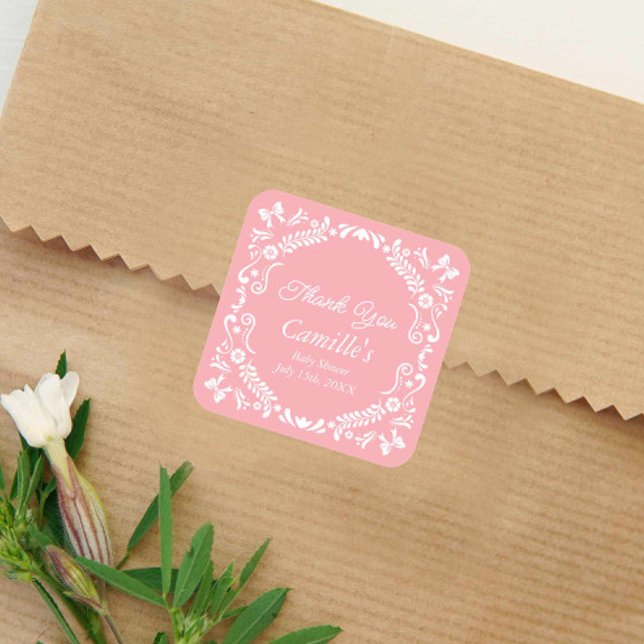 Cielito Lindo Pink Baby Shower Thank you Square Sticker (Pink Papel Picado Baby Shower Thank you Sticker
)