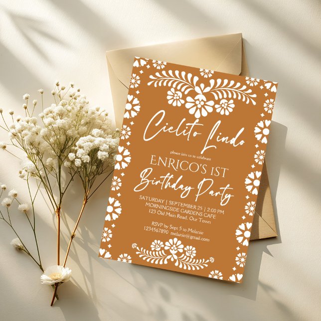 Cielito lindo terracotta Mexican birthday party Invitation (Cielito lindo terracotta Mexican fiesta papel picado birthday party Invitation template)