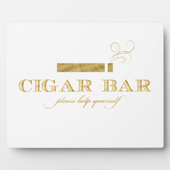 Cigar Bar Sign Table Easel - White and Gold Plaque (Front)