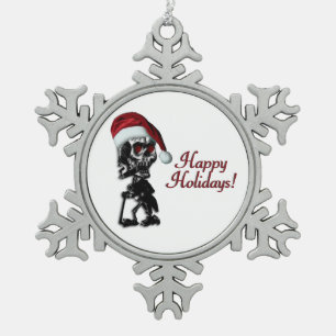 Cigar Smoking Christmas Skeleton Happy Holidays Snowflake Pewter Christmas Ornament