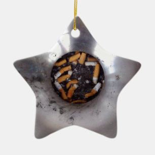 Cigarette Butts in Silver Smokers Ashtray, Funny Ceramic Ornament