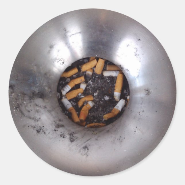 Cigarette Butts in Silver Smokers Ashtray, Funny Classic Round Sticker (Front)