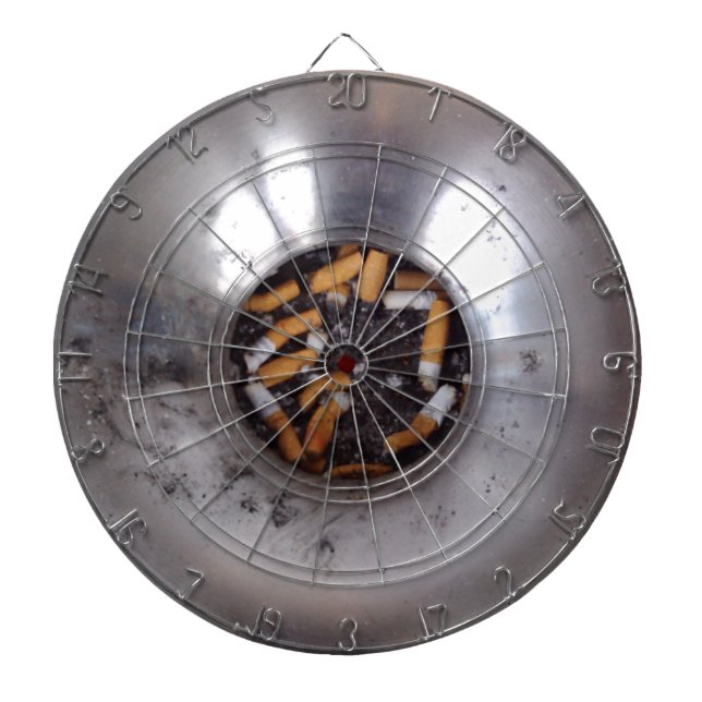 Cigarette Butts in Silver Smokers Ashtray, Funny Dartboard (Front)