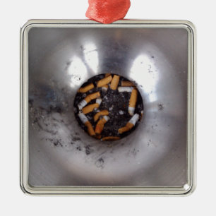 Cigarette Butts in Silver Smokers Ashtray, Funny Metal Ornament