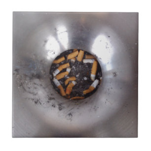 Cigarette Butts in Silver Smokers Ashtray, Funny Tile