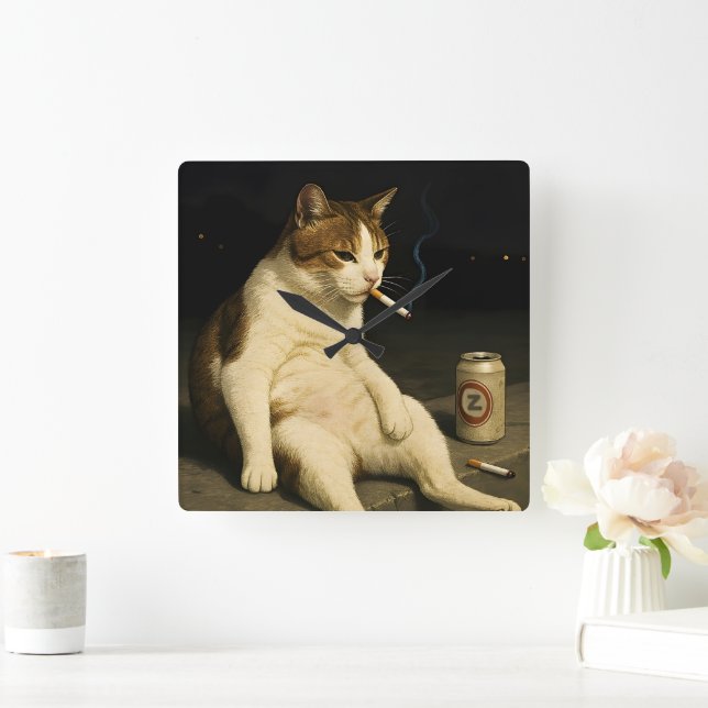 Cigarette Kitten Funny Smoking Cat Gen Z Meme Square Wall Clock (Home)