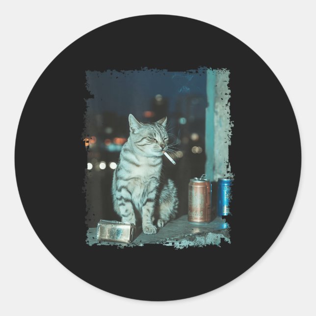 Cigarette Kitten Funny Smoking Cat Meme Stud Brain Classic Round Sticker (Front)