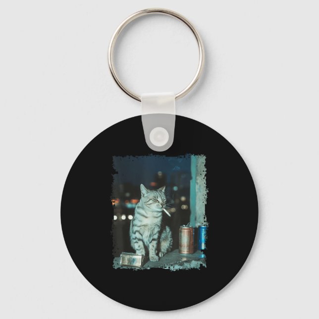 Cigarette Kitten Funny Smoking Cat Meme Stud Brain Keychain (Front)