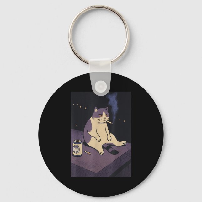Cigarette Kitten Funny Smoking Cat Meme Stud Brain Keychain (Front)