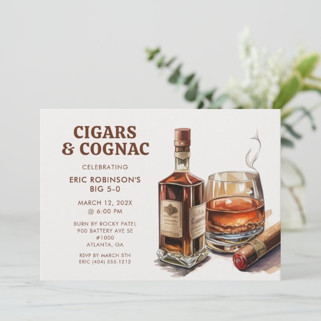 Cigars Cognac Whiskey Bourbon Birthday Party Invitation (Standing Front)