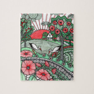Cigognes fantaisistes paysage Art populaire Puzzle