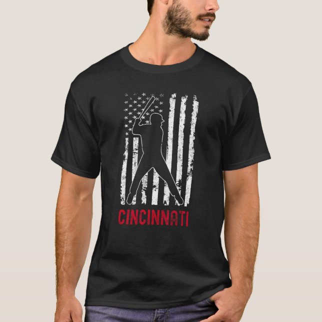 Cincinnati Ohio American Flag Baseball Weathered T-Shirt (Front)