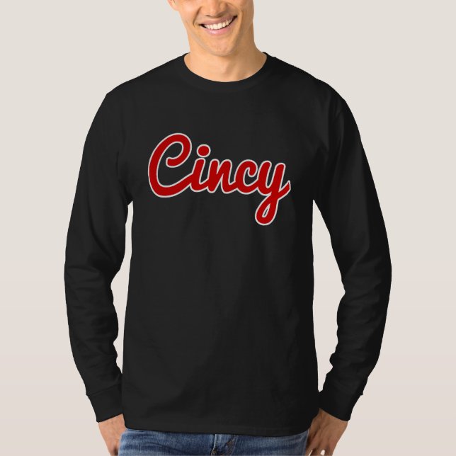 Cincinnati Ohio Classic Red Script Cincy City T-Shirt (Front)